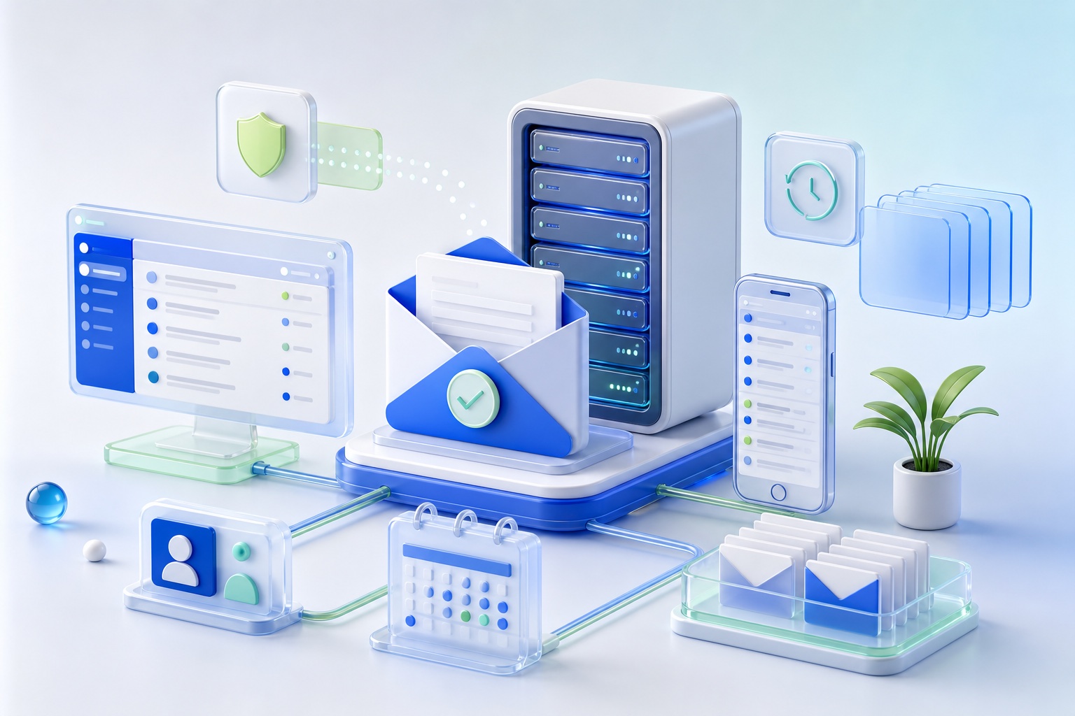 Servidor dedicado de correo conectado con webmail, móvil, calendario y contactos.