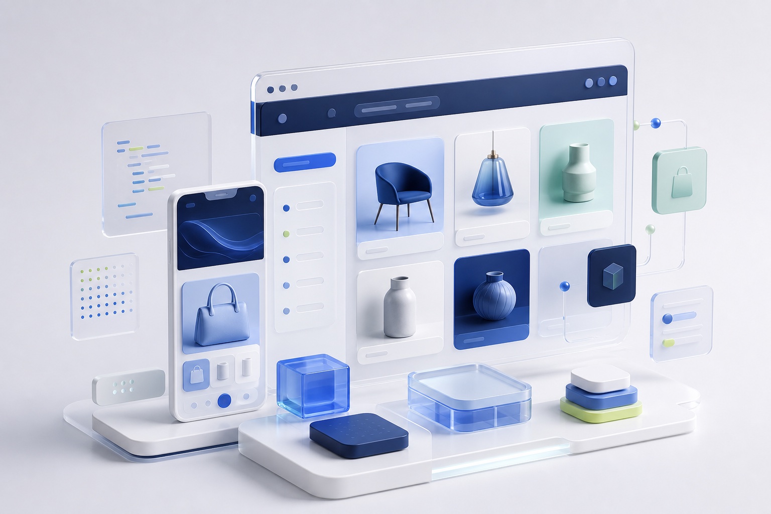 Three-dimensional composition of an online store that adapts to desktop and mobile.